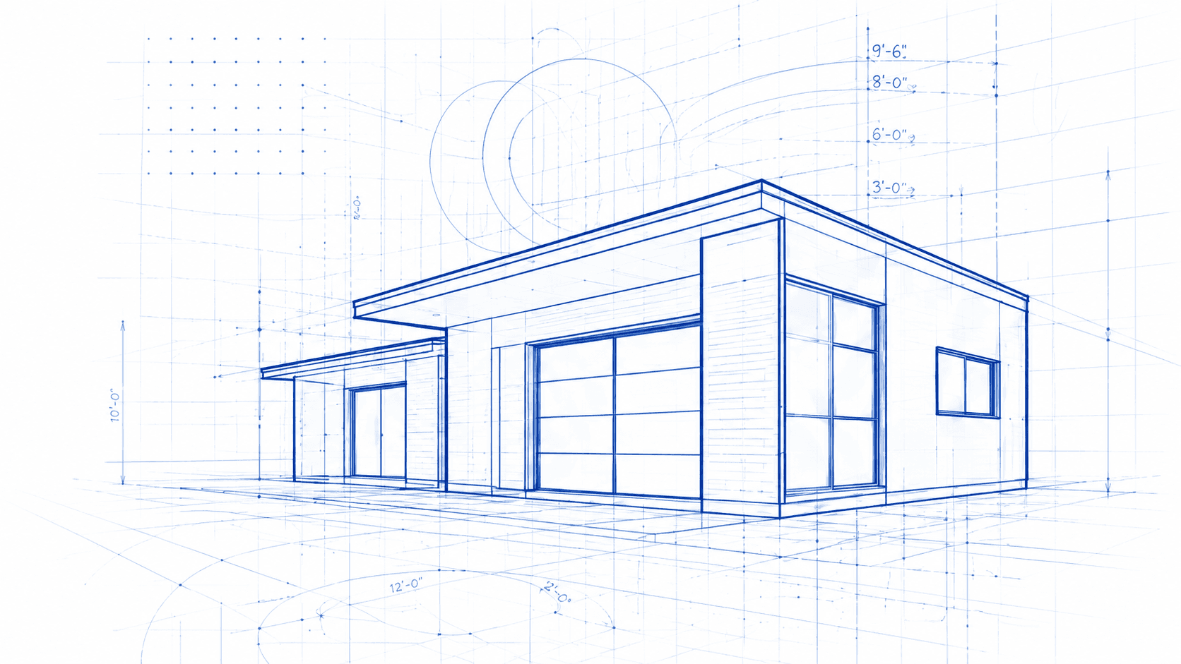 Blueprint line drawing of a modern ADU